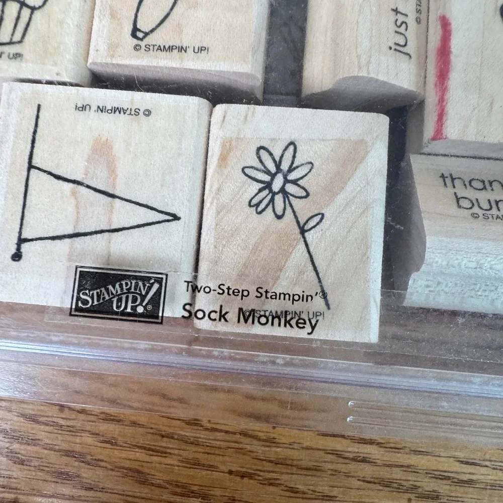 Stampin Up Sock Monkey Two-Step Wood Mount Rubber Stamp Set of 10 Birthday Theme
